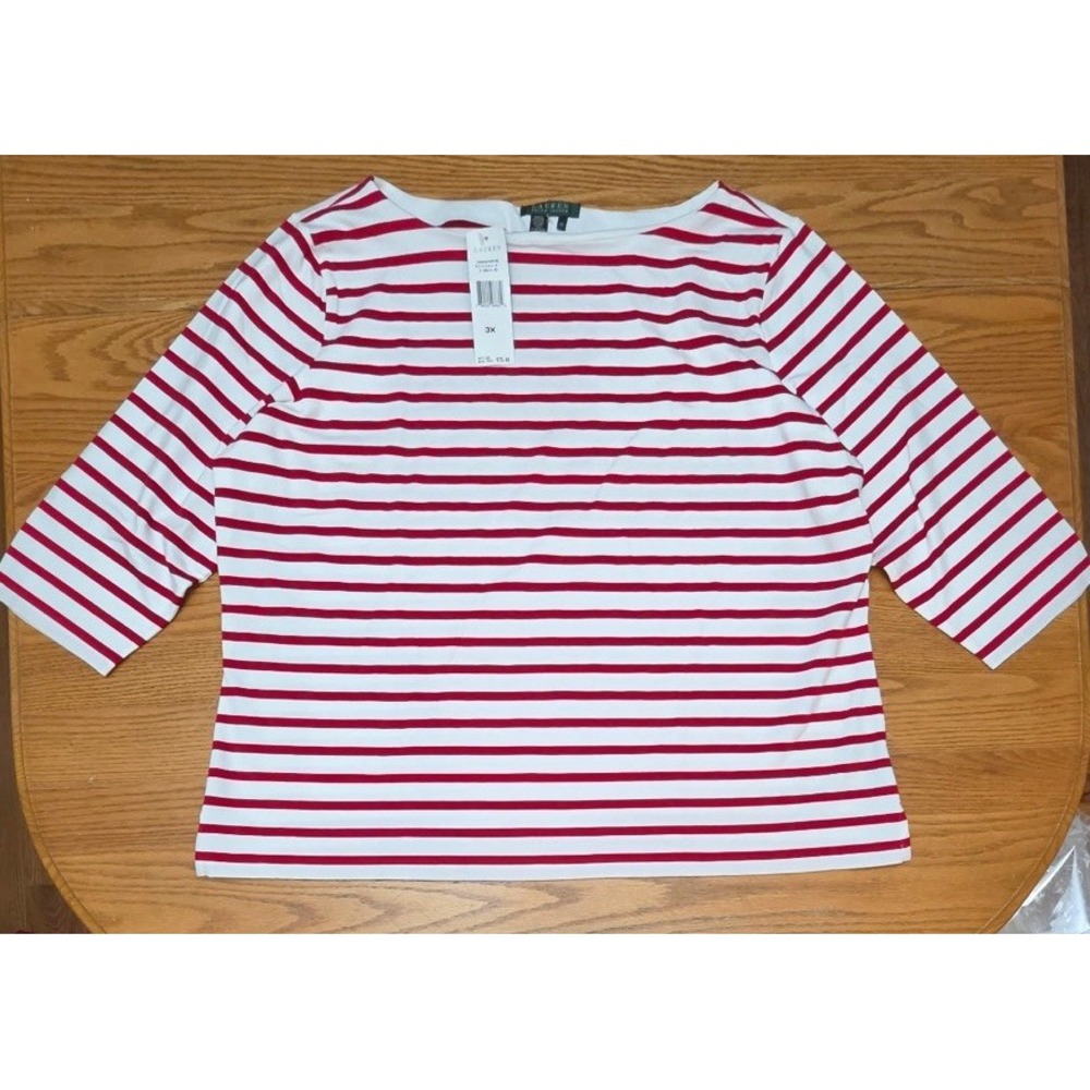Lauren Ralph Lauren Riveria Red Striped Boat Neck  3/4 Sleeve Plus 3X NWT